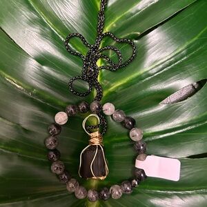 BLACK TOURMALINE raw chunky gold wire wrapped crystal pendant & bracelet set